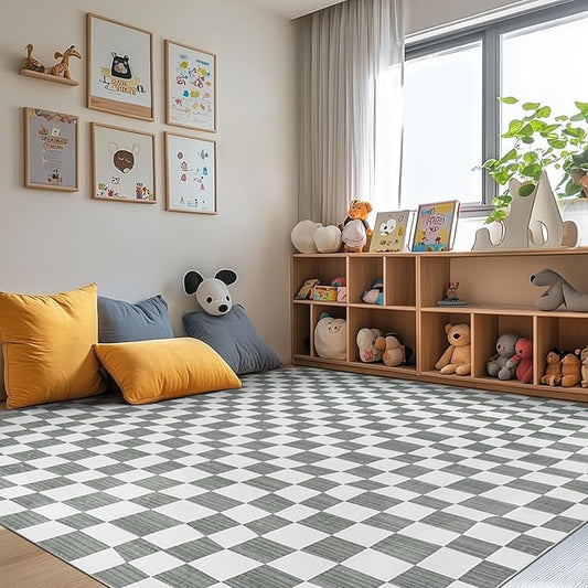 jinchan 8x10 Checkered Area Rugs for Kids Room - Machine Washable Soft Rug Modern Geometric Lattice Non-Slip Carpet for Nursery Playroom Classroom Living Room Bedroom Dining Room Home Office Grey-Ruum Studio Home