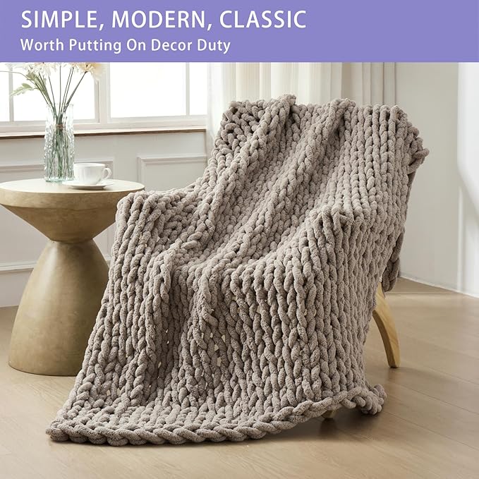 Bigacogo Chunky Knit Throw Blanket for Couch, 51x63 inches, 100% Hand Knitted with Thick Jumbo Chenille Yarn, Cozy Soft Large Rope Knot Cable Crochet Blankets for Sofa Bed Living Room, Taupe-Ruum Studio Home