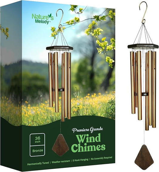 Nature’s Melody Premiere Grande Tunes Wind Chimes – Outdoor Windchime with 6 Tubes Tuned to E Pentatonic Scale, Rustproof Aluminum, Beech Wood & S Hook Hanger for Sympathy, Memorial Gift or Zen Garden-Ruum Studio Home