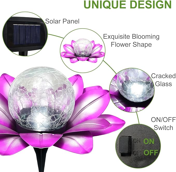 LEWIS&WAYNE Solar Garden Lights Outdoor, 3 Pcs Purple Lotus Flower Pathway Lamps with Cool White Crackle Glass Globe Led Lights for Patio Pathway Yard Balcony Garden Decorations-Ruum Studio Home