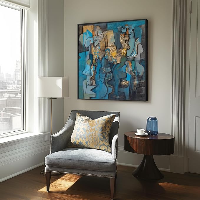 Large Framed Blue Modern Abstract Wall Art for Living Room, Canvas Paintings Artwork for Walls, Minimalist Art Prints Pictures for Hallway Bedroom Office Wall Decor -30x30 Inch-Ruum Studio Home