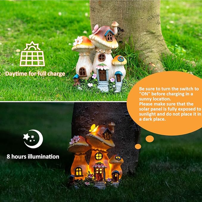 Solar Garden Statue Lights Mushroom Fairy House Figurine, Outdoor Memorial Garden Ornaments Waterproof Decoration for Outside Patio Yard Lawn Decor-Ruum Studio Home