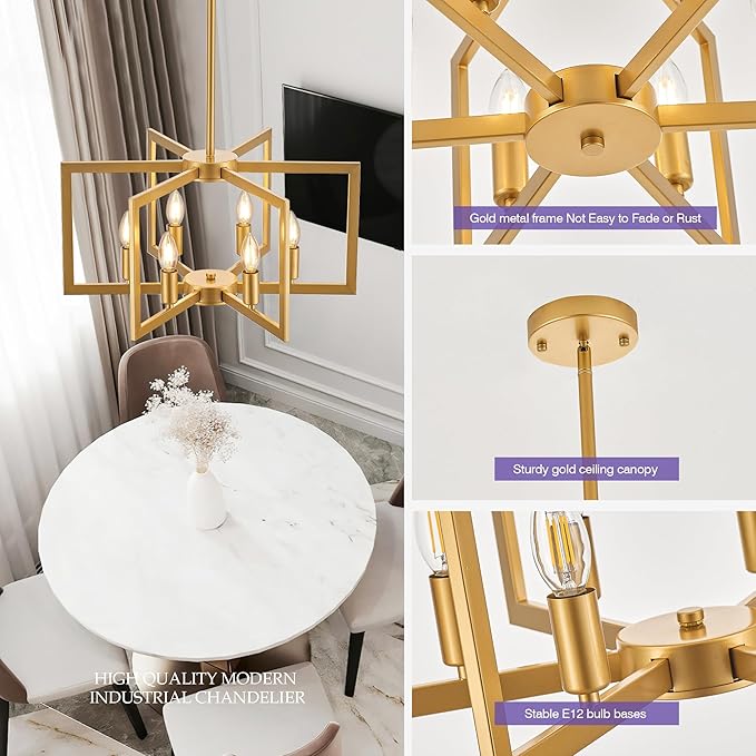 Modern Farmhouse Gold Chandeliers for Dining Room, 6-Light Industrial Metal Chandeliers Geometric Pendant Lights Kitchen Island for Entryway Stairway Foyer Hallway-Ruum Studio Home