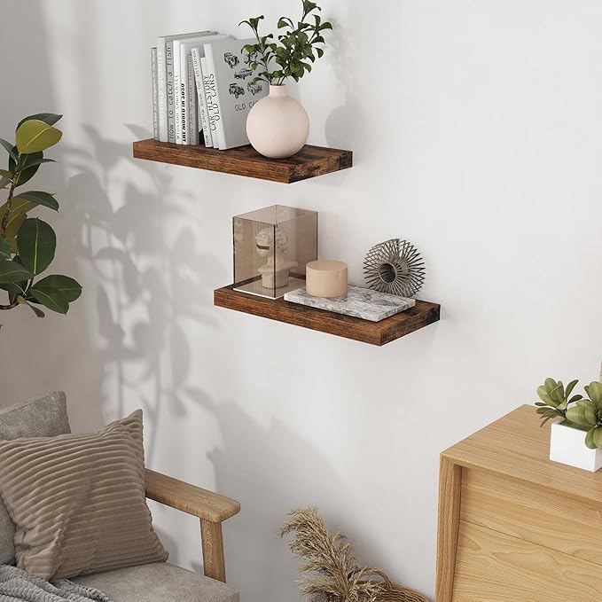 Fun Memories 16 Floating Shelves, 9 Inch Deep Wall Shelf for Bathroom, Rustic 16 x 9 Floating Shelf for Kitchen, Bedroom, Wide Wooden Shelves Wall-Mounted, Rustic Brown Color, Set of 2-Ruum Studio Home