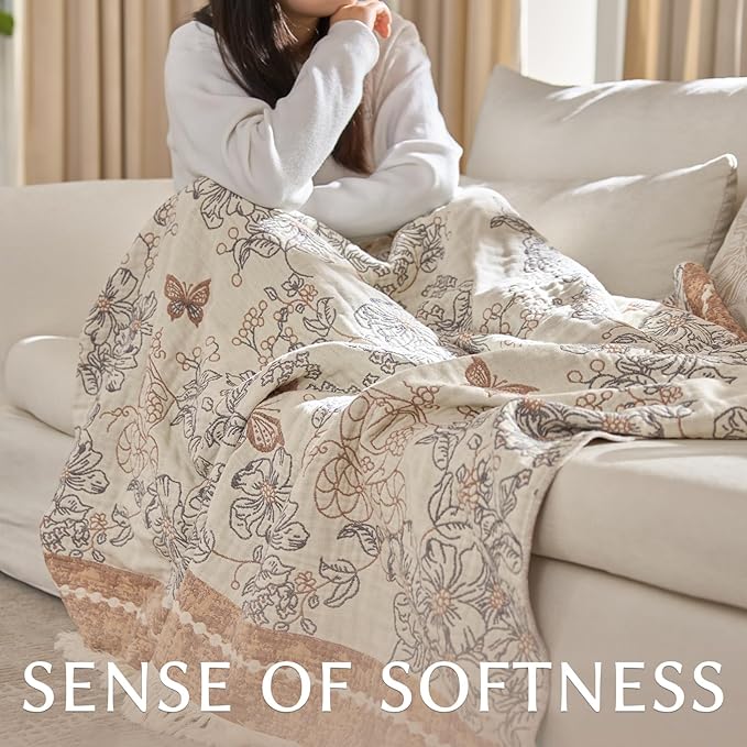JINCHAN Boho Floral 100% Cotton Blanket 4-Layer Throw Blanket with Tassel Taupe and White Flower Butterfly Soft Luxury Rustic Farmhouse Decor Blanket for Couch Bed 60x80 inch All Season gift for women-Ruum Studio Home