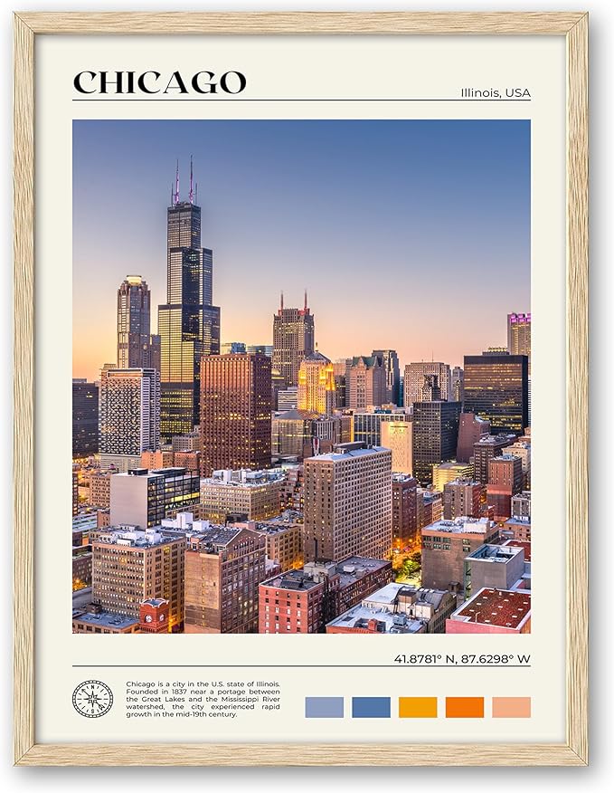 HesenDot Natural OAK Wood Chicago Cityscape Framed Wall Art,12x16in City Skyline Canvas Wall Print,Modern Urban Landmark Wall Decor for Living Room,Bedroom,Office Gallery Gifts Set of 1-Ruum Studio Home