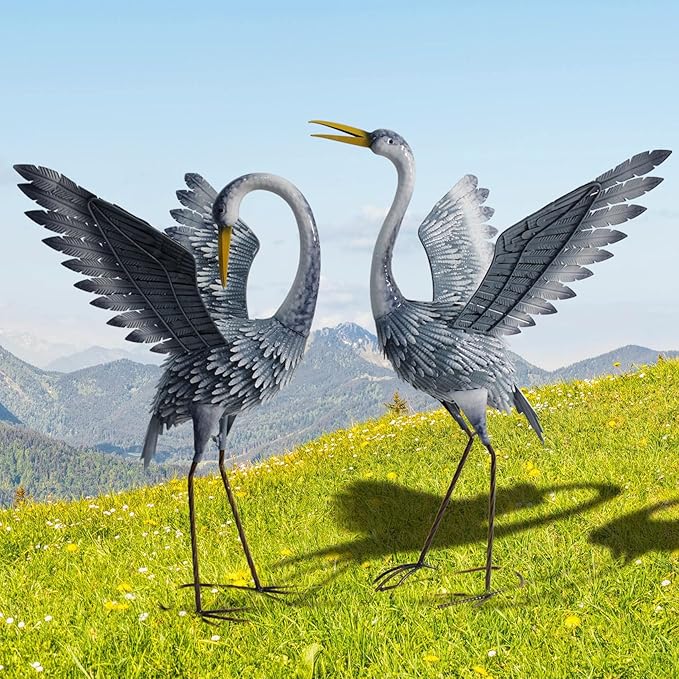 24-27 Inch Standing Crane Garden Sculptures & Statues, Crane Metal Yard Art for Backyard, Lawn, Patio, Porch, Birthday, Wedding Decorations, Gray-Ruum Studio Home