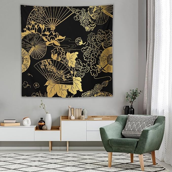 HZOHNAGO Japanese Tapestry Gold Flowers Umbrella Fan Pattern Printed Wall Tapestry Painting Wall Hanging for Bedroom Living Room Dorm 60" W x 60" H-Ruum Studio Home