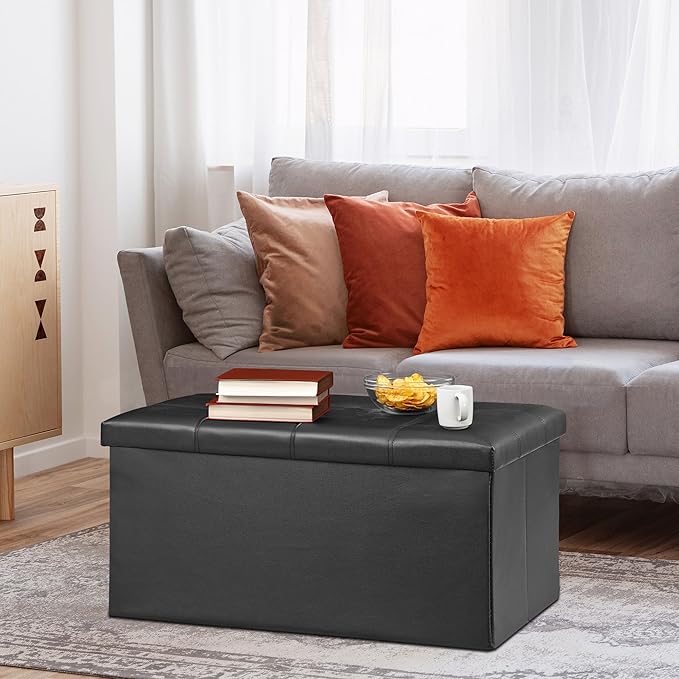 SUPER DEAL 30 inches Folding Ottoman with Storage, Bedroom Footrest Bench, Rectangle Sotrage Chest for Living Room Entryway, 30"x15"x15", 85L, Faux Leather, Black-Ruum Studio Home