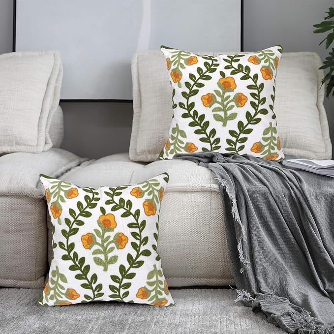 Alysheer Floral Embroidered Summer Decorative Throw Pillow Covers 18"x 18" Set of 2, Farmhouse Cottage Orange Flowers Green Leaves Knit Patterned Cotton Canvas Cushion Case for Couch Bed Living Room-Ruum Studio Home