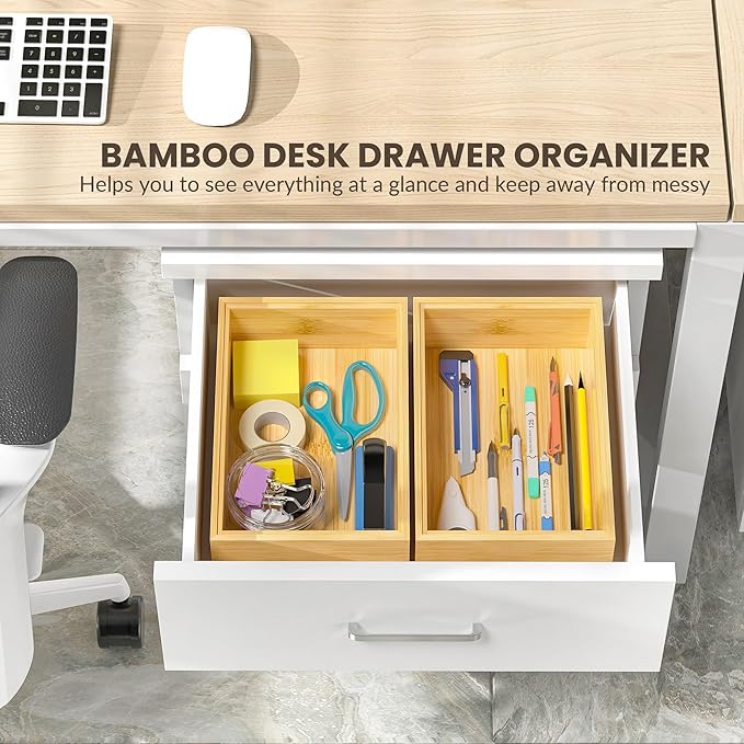 Kitchen Drawer Organizer Bins, Stackable Bamboo Drawer Organizer for Silverware, Flatware, Deep Office Desk Drawer Organizer Tray, Desktop Pen, Office Organization 9" x 6" x 2.5" (Set of 2)-Ruum Studio Home