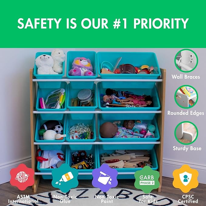 Humble Crew Kids Toy Storage Organizer with 12 Plastic Bins, Natural Wood/Aqua – Removable Bins for Playroom, Bedroom, Toddler Furniture for Boys and Girls Ages-Ruum Studio Home
