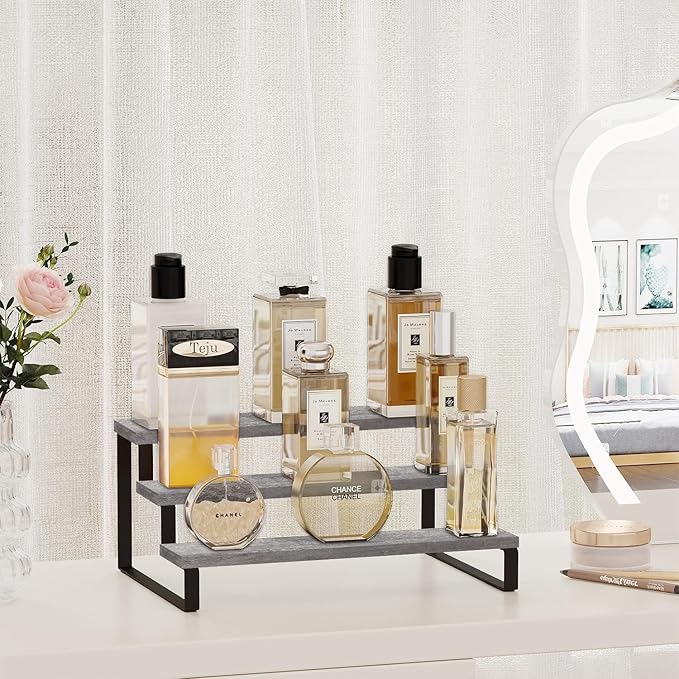 YINMIT Wooden Display Riser Stand, Tiered Perfume and Cologne Organizer Stand, 3 Tier Spice Rack Organizer, Rustic Display Shelf for Candles (3 Tier,Grey)-Ruum Studio Home