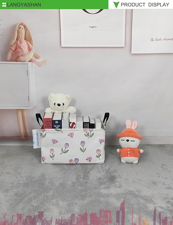 LANGYASHAN Rectangular Storage Bin Collapse Canvas Fabric Cartoon Storage Basket with Handles for Organizing Home Kitchen Boys and Girls Toys Office Closet Shelf Baskets (Rec Romantic Tulip)-Ruum Studio Home