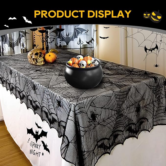 eZAKKA Halloween Table Cloth, Spider Web Table Cloth Black Tablecloth Lace Fabric Table Cloths Halloween Table Cover for Rectangle for Parties Gothic Spooky Home Decorations, 48x96 Inch-Ruum Studio Home