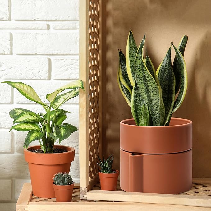 8 Inch Self-Watering Planter Pot with Terracotta Insert, Deep Water Reservoir, and Ceramic-Alike BPA-Free Plastic Planter Pot for Plant, Modern Planter for Houseplants, Terracotta, 53-A-T-3-Ruum Studio Home