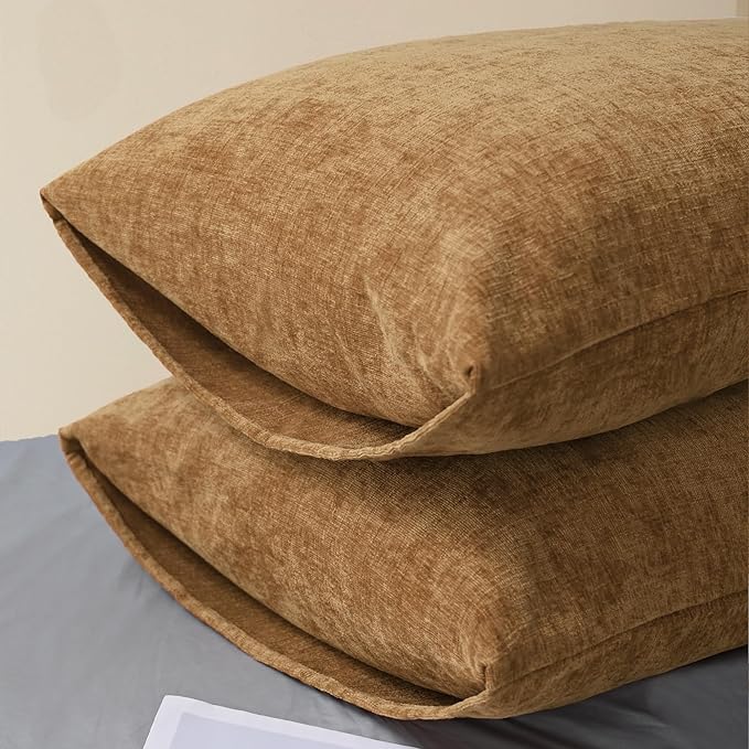 CaliTime Throw Pillow Covers Decorative 20 X 26 Inches Pack of 2 Cozy Chenille Standard Pillow Shams Cases for Couch Sofa Bed Living Room Home Apricot Brown-Ruum Studio Home