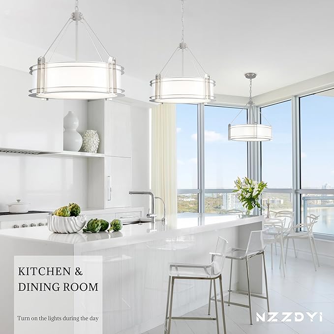 20.4''Drum Chandelier,5-Light Brushed Nickel Modern White Fabric Chandeliers,Farmhouse Round Pendant Light Fixture for Dining Room Kitchen Island Living Room Bedroom Hallway-Ruum Studio Home