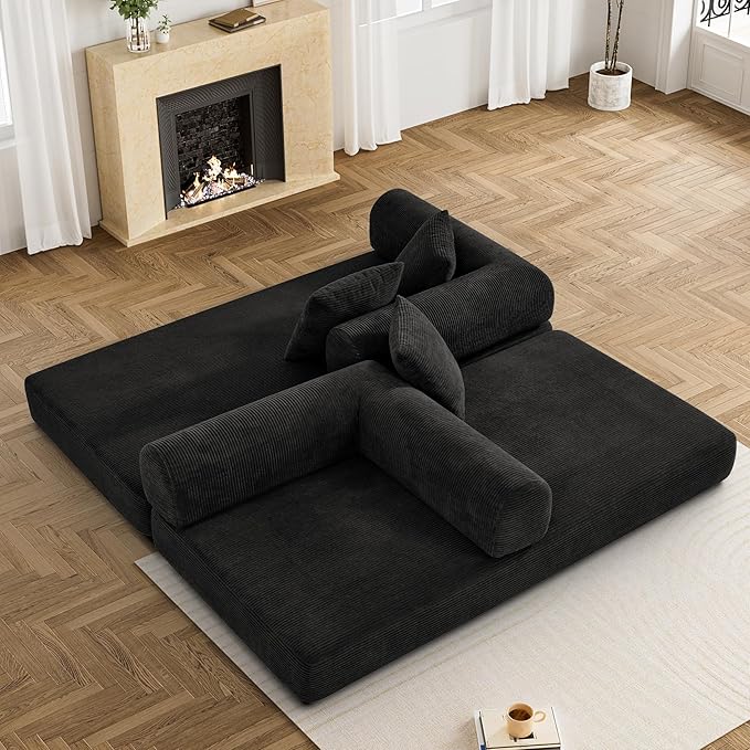 Convertible Sleeper Sofa Bed with Pillow, 4-in-1 Corduroy Folding Mattress Couch with Fixed-Shape Frame, Futon Fold Out Floor Sofa Cama Lounge Couch for Living Room Bedroom Studio, Black-Ruum Studio Home