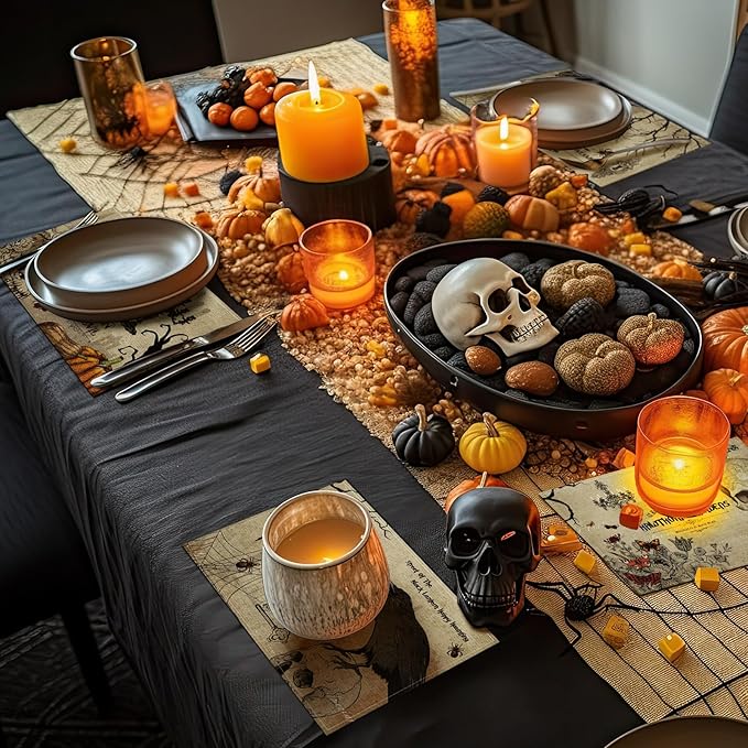 Umigy 6 Pcs Halloween Placemats 12"x18" Gothic Bat Placemats Kitchen Decoration Washable Witch Place Mats Rectangle Skull Table Mats for Halloween Dining Table Accessories(Poster Style)-Ruum Studio Home