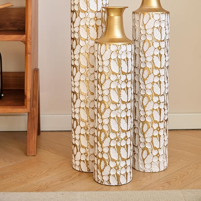 Medhansh Metal Floor Vase, Tall Floor Vase with Gold Twig Pattern, Antique White Finish (Set of 3)-Ruum Studio Home