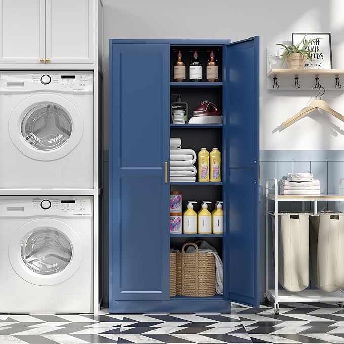 Kitchen Pantry Cabinet,71”Blue Metal Pantry Storage Cabinets with Doors and 4 Adjustable Shelves,Kitchen Cabinet with 2 Gold Handles,Tall Cabinet for Livingroom,-Ruum Studio Home