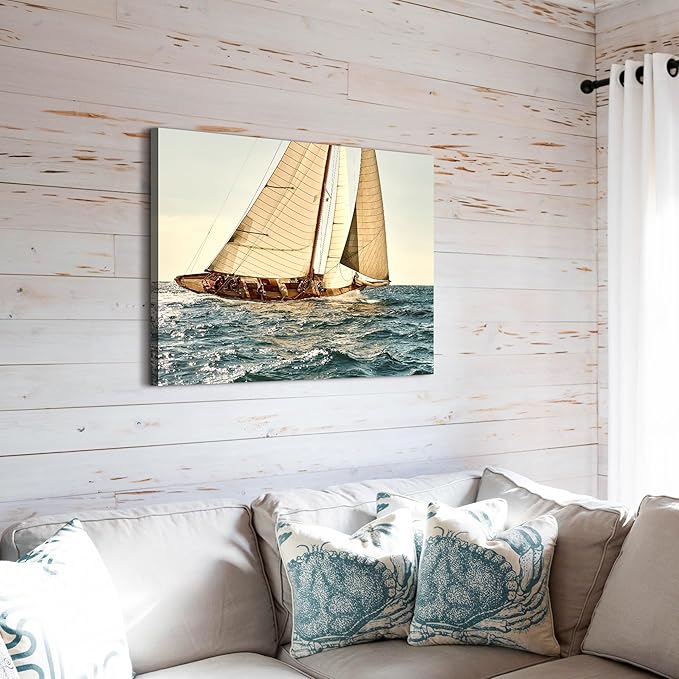 ARTISTIC PATH Coastal Nautical Canvas Wall Art - Ocean Sailboat Artwork Seascape Sailing Prints Wave Boat Picture Sunset Marine Painting for Living Room-Ruum Studio Home