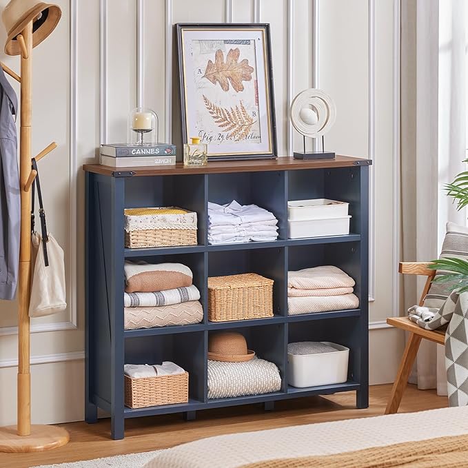 9 Cube Bookcase, Farmhouse 47 Inch Wide Navy Blue Bookshelf, Wooden 3 Tier Display Large Open Book Shelf, Vintage Horizontal Book Case for Home Office, Cubby Storage Cabinet for Living Room-Ruum Studio Home