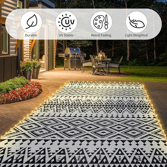 6x9ft Waterproof Outdoor Rug with LED Lights, Bohemia Reversible Plastic Straw Mat for Patio RV Camping Picnic Balcony Beach Deck Indoor Outdoor Carpet, Black&White-Ruum Studio Home