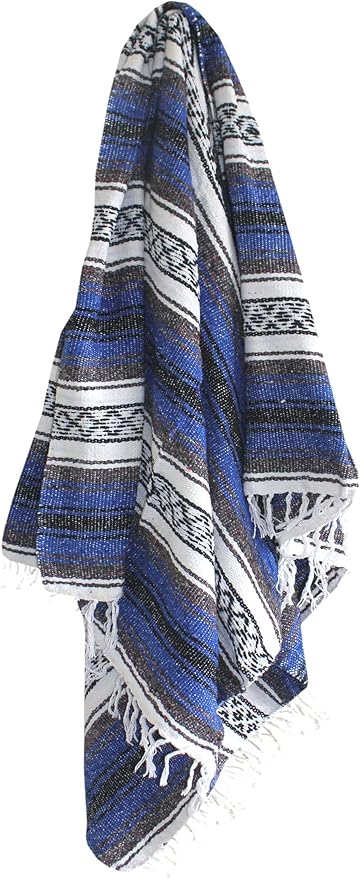 Del Mex Classic Mexican Blanket, Large Authentic Woven Falsa Throw (70"x50"), Artisan Southwest Décor for Beach, Yoga, Outdoors (Blue)-Ruum Studio Home