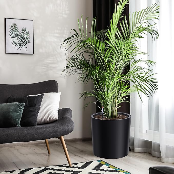Tall Round Planter Set of 2, 19.5‘’ H x 19.9" Dia Large Planters for Indoor Plants with Built-in Drainage and a Water Level Monitor and Wheels for Patio, Porch, Living Room, or Home Office, Black-Ruum Studio Home