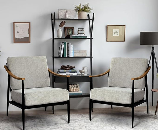 Modern Accent Chairs Set of 2 for Living Room Bedroom Mid Century Arm Chairs Upholstered Office Accent Chairs Comfy Waiting Room Chairs with Metal Frame, Grey-Ruum Studio Home