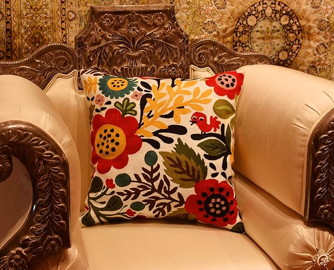 Red Polish Floral Pillow Cover Bird Flower Pillowcase Floral Outdoor Suzani Cushions Flowery Throw Chair Cushion Farmhouse Pillowsham Hand Embroidered Wool 18x18 Inch-Ruum Studio Home