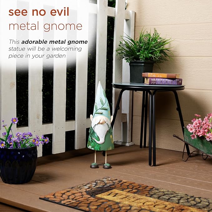 Alpine Corporation MCC798HH See No Evil Metal Gnome Decor, Whimsical Playful Décor for Patio & Garden, 19" H, Green-Ruum Studio Home