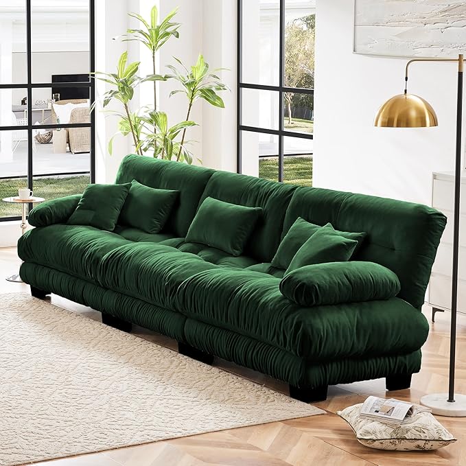 Modular Sectional Sofa, Comfy Cloud Couch 3 Seater Couch, Sectional Couches for Living Room, Modern Chenille Oversized Couches for Bedroom, Sleeper Deep Seat Sofa with Throw Pillows, Green-Ruum Studio Home