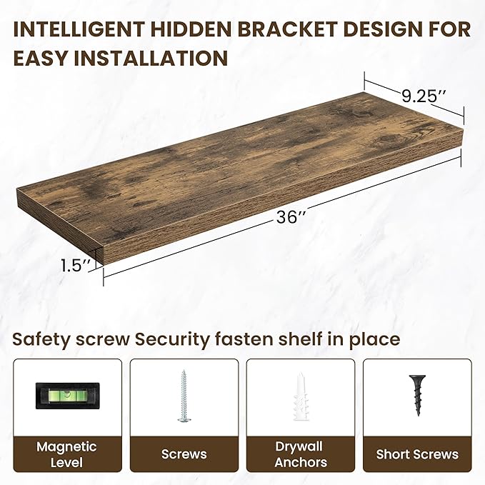 36 Inch Floating Shelves, 36"x9.25"x1.5" Inch Deep Floating Shelves for Wall, Wooden Shelves for Bathroom, Bedroom, Living Room, Brown-Ruum Studio Home