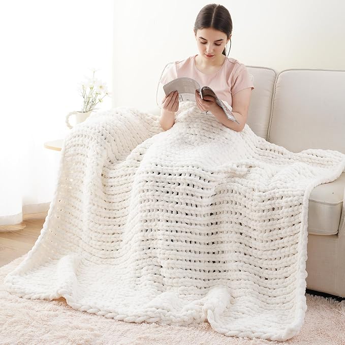 Battilo Chunky Knit Throw Blanket, Soft and Thick Chenille Throw Blanket, 50"x60" Handmade Cable Knit Crochet Blanket, Large Rope Knot Throw Blankets for Couch Sofa Bed Home Decor, Cream-Ruum Studio Home