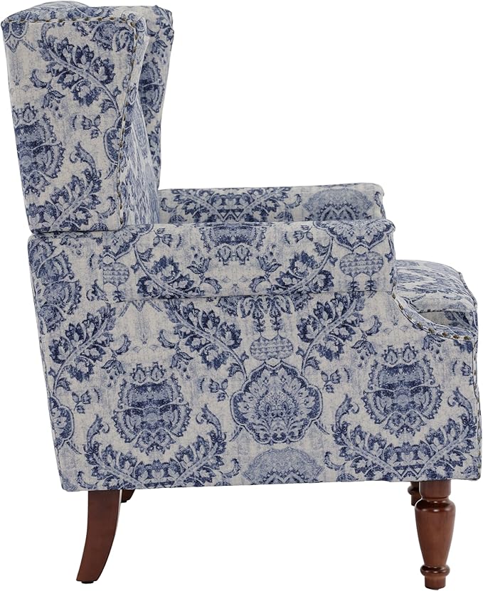 UIXE High Back Floral Accent Chairs Set of 2, Upholstered Armchair in Fabric, Retro Printed Wingback Arm Chair for Living Room, Nailhead Trim Single Sofa Bedroom Reading Seat - Navy Blue-Ruum Studio Home