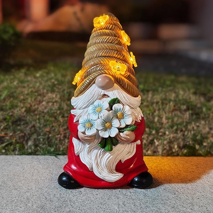 Outdoor Garden Gnomes Statue, Bee Flower Gnome Sculpture, with Solar LED Lights for Yard, Patio, Lawn Ornaments for Garden, Patio Gnome Gifts for Mom-Ruum Studio Home