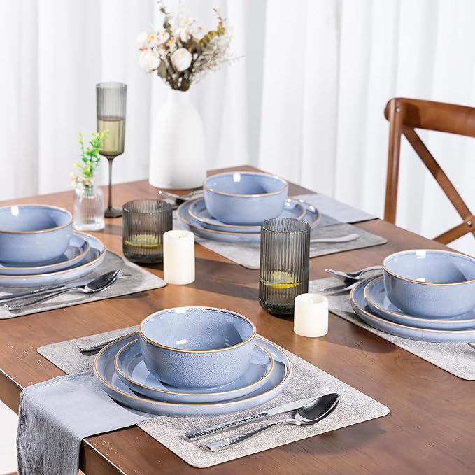 GBHOME Ceramic Dinnerware Sets for 6, 18 Pieces Stoneware Plates and Bowls Sets, Scratch Resistant Dish Sets for Dinner, Dishwasher & Microwave Safe, Brunnera Blue-Ruum Studio Home