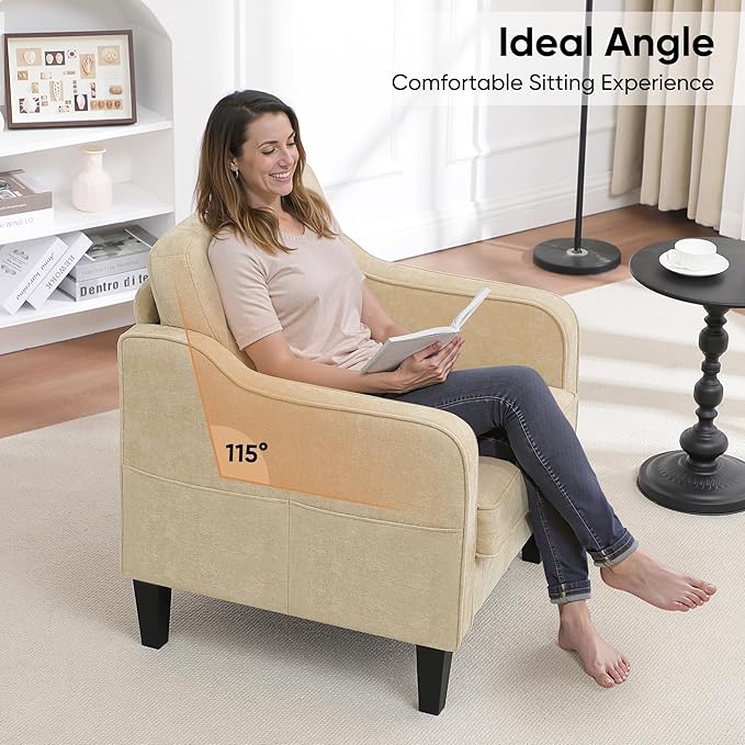 Accent Chair for Living Room, Mid Century Modern Reading Chair for Bedroom, Upholstered Armchair with Side Pockets, Comfy Single Sofa Side Chair for Office, Apartment, Small Room, Light Brown-Ruum Studio Home