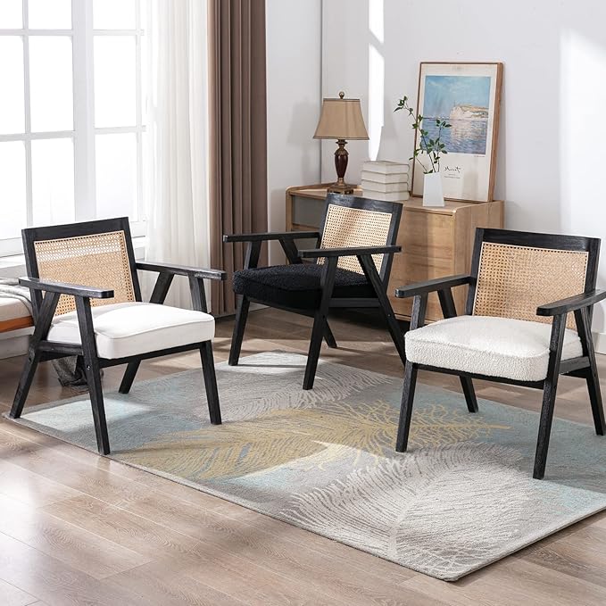 Accent Rattan Chairs Set of 2, Faux Fur Upholstered Living Room Chairs with Cane Back, Retro Mid Century Modern Cane Chair Armchair for Reception Reading Indoor Outdoor, Black-Ruum Studio Home