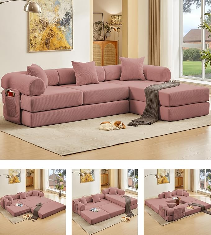 107" Oversized Convertible Sleeper Sofa Bed, Corduroy L Shape Sectional Couch, Folding Sofa Bed with Side Pocket, Modern Cloud Floor Mattress Couch, Modular Sofa for Living Room, Pink-Ruum Studio Home