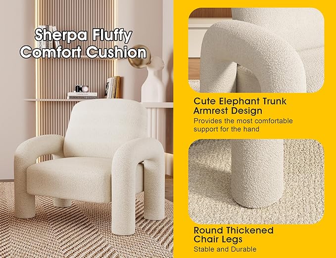 Modern Sherpa Accent Chair, Teddy Upholstered Arm Single Sofa, Cozy Fluffy Reading Chair for Living Room, Bedrooms, Corner (Cream White)-Ruum Studio Home