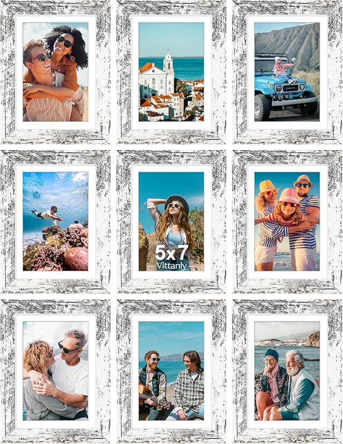 Vittanly 5x7 Picture Frames Set of 9, Shatter Resistant Plexiglass, Display 4x6 Pictures with Mat or 5x7 without Mat, Photo Frames for Wall or Tabletop, Engineered Wood, Distressed White-Ruum Studio Home
