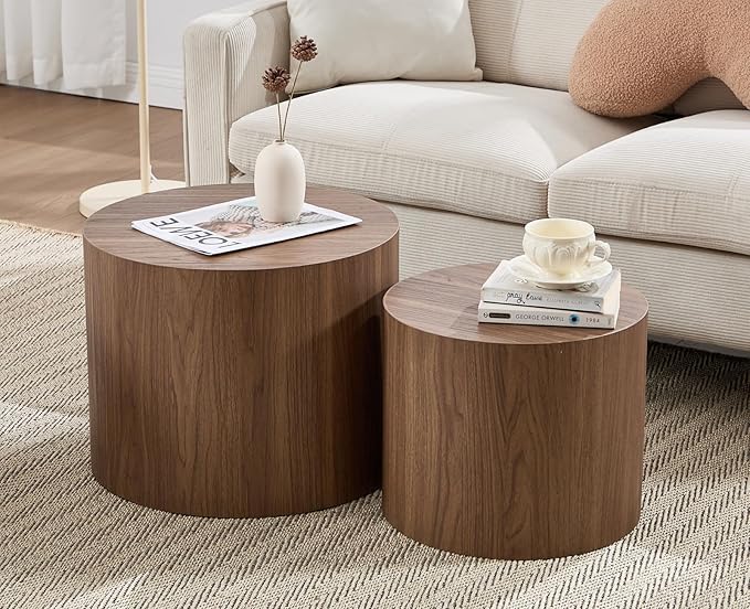 CIMOTA Round Wood Nesting Coffee Table Set of 2, Modern Circle Travertine End Side Table Sets for Living Room, Walnut Wooden Color/No Assembling-Ruum Studio Home