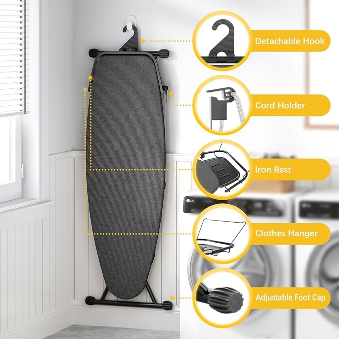 Full Size Ironing Board, 18x51 Iron Board with Metal Panel Stretchable Iron Rest, Adjustable Height Heavy Duty Heat & Scorch Resistant Cover Ironing Board, for Home, Laundry, Black-Ruum Studio Home