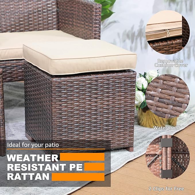 Patiorama 2 Pieces Assembled Outdoor Patio Ottoman, Indoor Outdoor All-Weather Dark Brown Wicker Rattan Outdoor Footstool Footrest Seat with Beige Cushions, No Assembly Required-Ruum Studio Home