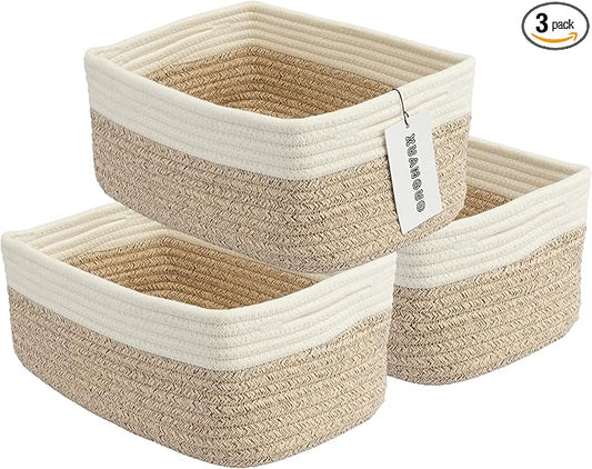 Small Woven Storage Baskets 12“X8”X5“ Decorative Rope Bins for Organizing Shelves, Closets, and Toys, Empty Gift Baskets, Cute Organizer Basket for Home and Office (white and brown regular)-Ruum Studio Home