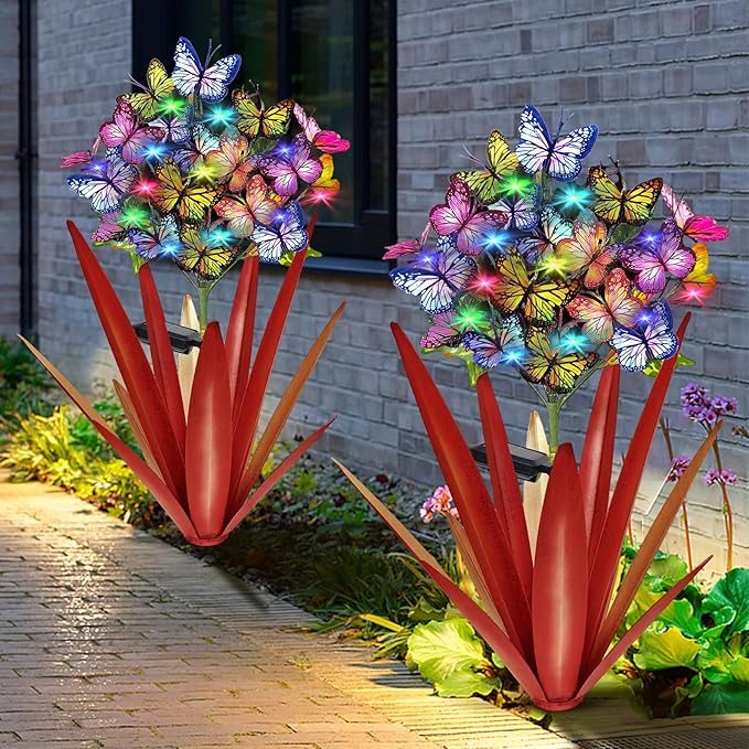 Homight Solar Metal Agave Butterfly Flower Stick Garden Sculpture - Outdoor Christmas Lights, Swaying Solar Lights Gift (2 PCS RED)-Ruum Studio Home